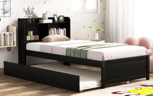 Miniatura 8 de Base de cama de tamaño individual con nido, cama de plataforma para dormitorio, marco de cama nido con cabecera de estantería para niños, niñas