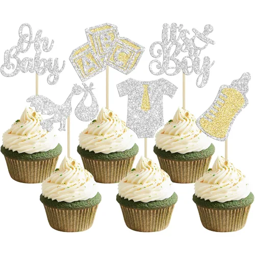 Miniatura 11 de Gyufise 24 piezas de adornos azules para cupcakes para bebé, con purpurina azul, estrellas, luna, dulce baby shower, niño, cupcakes para baby