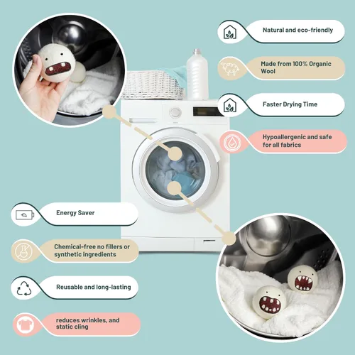 Miniatura 3 de Woolbuddy Monster Dryer Balls (paquete de 6) - Lindos personajes de lana hechos a mano, suavizante de tela natural, regalo ecológico para familias