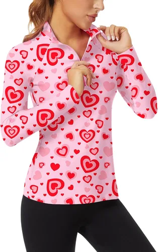 Miniatura 65 de WOWENY Camiseta deportiva de manga larga para mujer, con cremallera de un cuarto, cuello para entrenamiento, camiseta de tenis con estampado