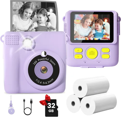 Miniatura 10 de GKTZ Cámara para niños de impresión instantánea: cámara de video digital de 2.4 pulgadas para niños pequeños y niños de 3 a 12 años, con 3 rollos