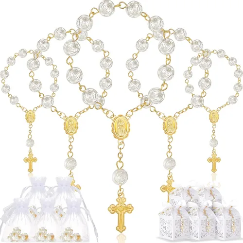Miniatura 8 de Juego de 50 paquetes de recuerdos de bautismo, cuentas de rosario de bautismo acrílicas, perlas falsas con bolsas de organza, recuerdo de boda