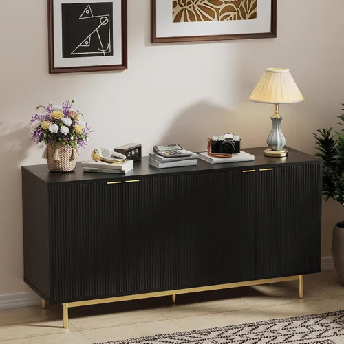 Miniatura 7 de Vipbear Aparador con almacenamiento, mesa consola de madera de 58 pulgadas con 4 puertas acanaladas y estantes ajustables, decoración moderna