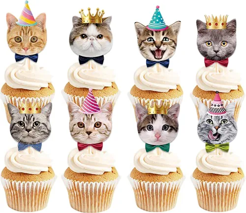 Miniatura 2 de TSJ 24 adornos para cupcakes de gatos, caras de gatos, decoración temática de gatitos, palillos de dientes para fiestas, baby shower