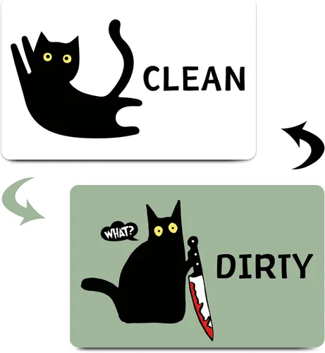 Miniatura 11 de Imán divertido de dibujos animados con diseño de gato limpio y sucio para lavavajillas, imán para lavadora, gato negro, nevera, limpio, sucio, doble