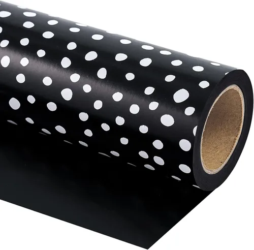 WRAPAHOLIC Papel de regalo reversible, mini rollo, 17 pulgadas x 33 pies, diseño de lunares negros y delicados para cumpleaños, vacaciones, bodas,