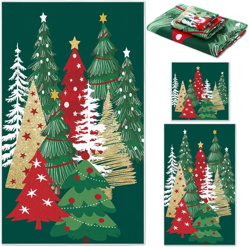 Miniatura 8 de Preboun Juego de 3 toallas de baño navideñas de gnomo, toallas de mano con árbol de Navidad, toallas de baño con copos de nieve de invierno, toallas