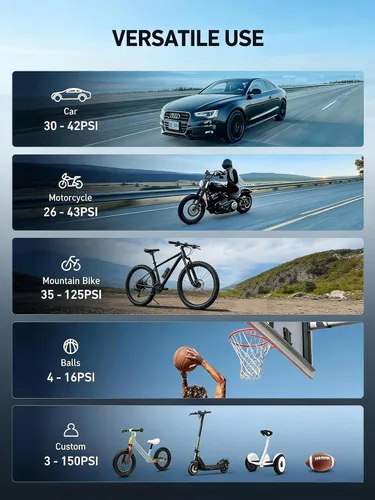 Miniatura 6 de Inflador de neumáticos, compresor de aire portátil, mini bomba inalámbrica para bicicleta con pantalla digital, 150 PSI neumáticos de coche bomba