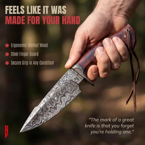 Miniatura 8 de BIGCAT ROAR Predator Hunter Cuchillo de caza patentado hecho a mano de acero de damasco de hoja fija de 10 pulgadas, mango de madera de nogal