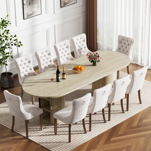 Miniatura 18 de Mesa de comedor redonda extensible con base de almacenamiento, mesa de comedor expandible natural de 63 a 94 pulgadas para 10 personas, mesa