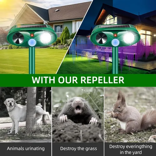 Miniatura 2 de Dispositivos repelentes de ciervos y gatos mejorados, repelente solar ultrasónico de animales al aire libre con sensor de movimiento y luz