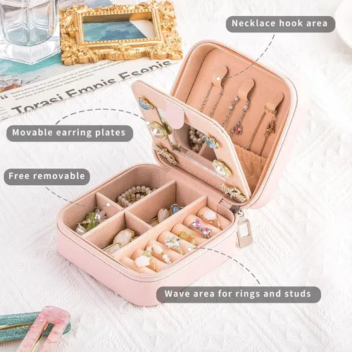 Miniatura 3 de Qncssk Joyero de viaje para mujeres y niñas, pequeño joyero organizador de almacenamiento con perlas con purpurina inicial - Mini elegante regalo