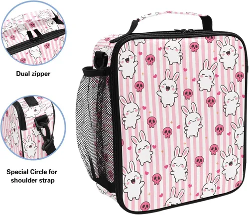 Miniatura 2 de MNSRUU Bolsas de almuerzo para niños y niñas, Doodle Kawaii Conejo, reutilizable, aislada, kit de bolsa térmica para comidas, bolsa organizadora