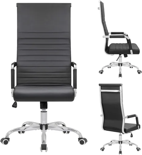 Miniatura 7 de Silla de oficina acanalada con respaldo alto, silla de escritorio de piel sintética, silla giratoria ajustable, silla de computadora con Negro
