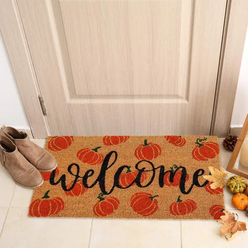 Miniatura 5 de AnyDesign Tapete de fibra de coco de otoño con diseño de calabazas de bienvenida, antideslizante, tapete decorativo de otoño para puerta de entrada