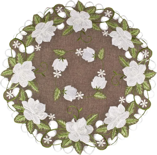 Hermoso diseño floral de magnolia blanca y hojas verdes bordadas en lino de poliéster marrón redondo de 23 pulgadas o 33 pulgadas (23 pulgadas
