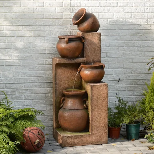 Bumilgar Fuente de Agua para Patio de 53" de Alto - Las 4 Tinajas Decorativas Modernas en Cascada, Fuentes de Jardín y Cascadas con Luces Cálidas