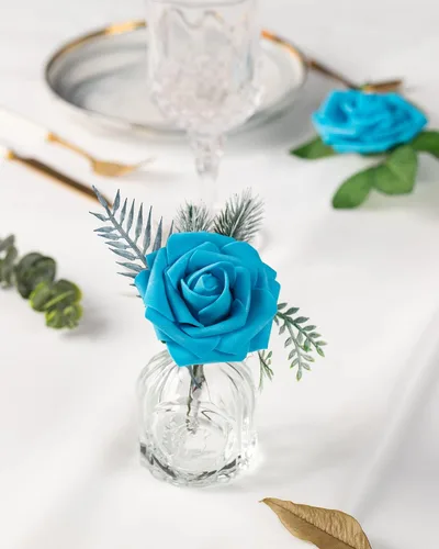 Miniatura 3 de DuHouse 25 rosas artificiales con tallos, flores de espuma de tacto real para bricolaje, ramo de boda, fiesta, centro de mesa, arreglo floral, Azul