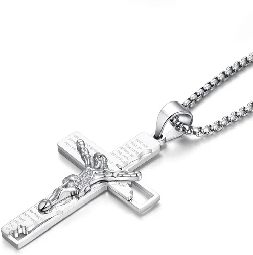 YL Collar de cruz de acero inoxidable con colgante de crucifijo para hombre cadena Rolo de Jesucristo joyería de oración del Señor