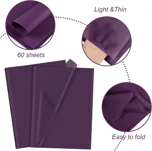 Miniatura 3 de CHRORINE Papel de seda morado - 60 hojas, 20 x 14.5 pulgadas, envoltura de regalos de arte de Halloween y fiesta, manualidades y decoración Púrpura