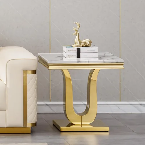 Miniatura 54 de SSLine Mesa de Centro Rectangular de Mármol Sintético para Sala de Estar, Mesa Central Moderna de Mármol Blanco de Lujo con Base Doble en Forma de U