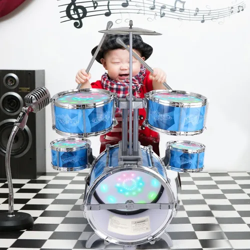 Miniatura 6 de Juego de batería para niños pequeños con kit de batería de 5 jazz y luces (controlado por vibración) y aleación, instrumentos musicales, juguetes
