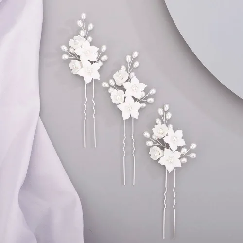 Chargances 3 horquillas para el pelo de perlas de flores blancas para novia, cuentas de perlas plateadas, hechas a mano, accesorios para el cabello