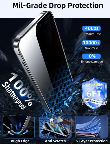 Miniatura 4 de ruwa Protector de pantalla de privacidad para iPhone 15 Pro [6.1 pulgadas] [3 unidades] Película de vidrio templado con marco de fácil instalación