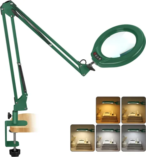 Miniatura 8 de VEEMAGNI Lupa grande de cristal real de 12 x 5 pulgadas con luz y soporte, 5 modos de color regulable, brazo giratorio largo LED abrazadera lámpara