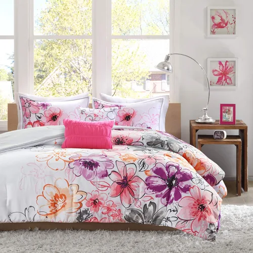 Miniatura 13 de Juego de edredón de Intelligent Design con diseño floral vibrante, ropa de cama para niñas, juego de funda de almohada combinada, almohada Floral