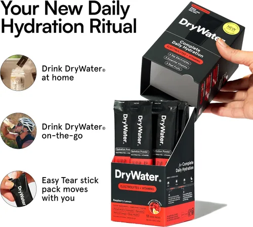 Miniatura 4 de DryWater® Paquetes de polvo de hidratación de electrolitos + vitaminas, limón de frambuesa (sin estevia), 1,000 mg de potasio, fruta orgánica real