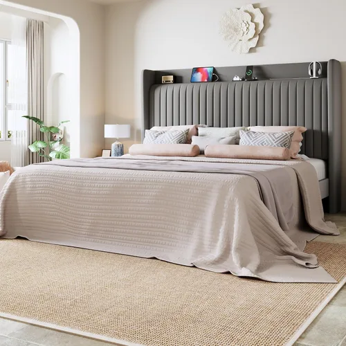 Miniatura 10 de Allewie Base de cama de plataforma de tamaño completo con estación de carga USB y estante de almacenamiento/Cabecera tapizada de terciopelo
