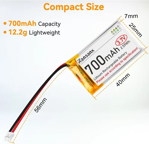 Miniatura 6 de Batería Lipo de 3.7 V 700 mAh 702540 Batería recargable de polímero de litio con conector Micro JST 2.0 Circuito de protección integrado