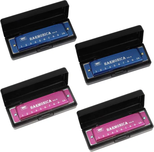 Miniatura 4 de UPINS - Armónica, 4 piezas, llave de C, 10 agujeros, 10 tonos, armónica de color titanio con estuche para principiantes y estudiantes (rosa, azul)