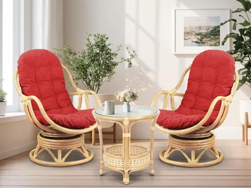 Miniatura 16 de Juego de 2 mecedoras giratorias Bali Lounge con cojín floral y mesa de centro redonda Pelangi, mimbre de ratán natural, hecho a mano, color colonial