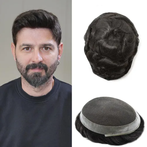 Miniatura 157 de Toupee para hombres Piezas de cabello humano real Encaje suizo para hombres Toupee unidades de cabello humano europeo para hombres Hairpieces