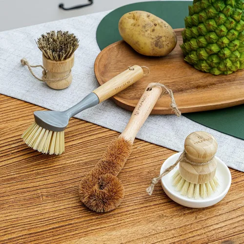 Miniatura 2 de Juego de 4 cepillos de bambú natural para limpiar botellas, con dispensador de jabón de cerámica, cepillos de madera con asas resistentes