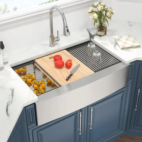 Miniatura 13 de Kichae 33 Farm Sink Double Bowl - Delantal de fregadero de granja de 33 pulgadas, delantal frontal de doble tazón, acero inoxidable 50/50, calibre
