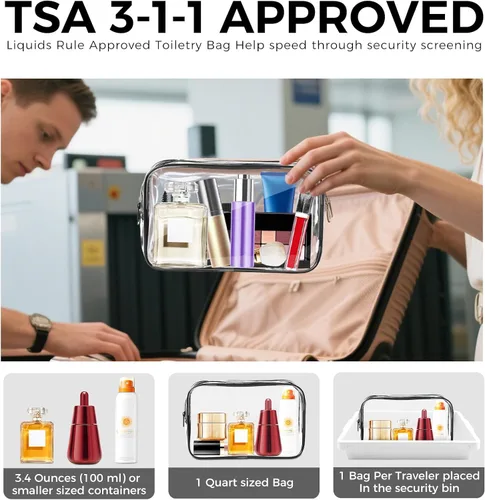 Miniatura 3 de Bolsa de maquillaje transparente AURUZA, bolsas de aseo portátiles para viajes con cremallera, bolsas organizadoras transparentes aprobadas por