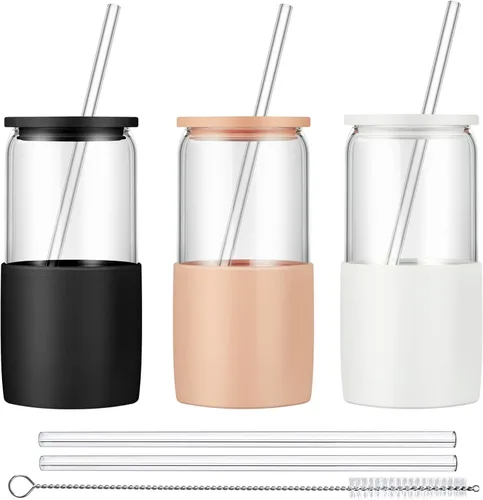 Miniatura 11 de Sunseeke Vaso de vidrio con popote y tapa, taza de café helado de 16oz, manga de silicona y cepillos de limpieza, vasos para agua, café helado