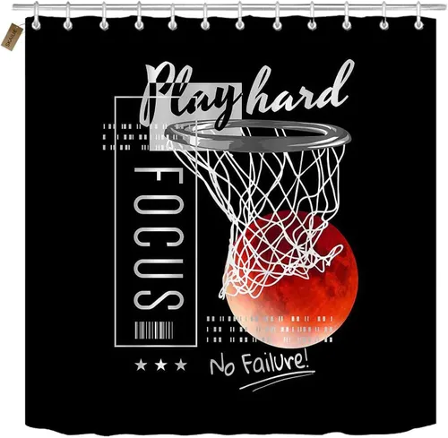 Miniatura 2 de Juego de 4 cortinas de ducha de baloncesto, citas inspiradoras positivas, decoración de baño deportivo, cortina de ducha negra de tela impermeable