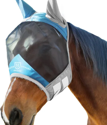 Miniatura 3 de Harrison Howard Máscara de mosca de caballo luminosa profesional estándar con orejas, protección UV, para caballos, azul y plateado, mazorca mediana