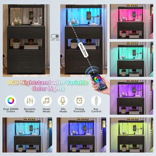Miniatura 5 de VIAGDO Mesita de noche LED con estación de carga, 3 cajones con luces LED, mesitas de noche negras con estantes de almacenamiento, mesas auxiliares