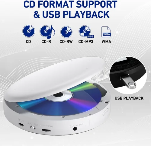 Miniatura 3 de Reproductor de CD portátil, reproductor de CD portátil recargable con altavoces duales y anti salto, CD, USB, AUX, pantalla LCD, botón sensible, 5