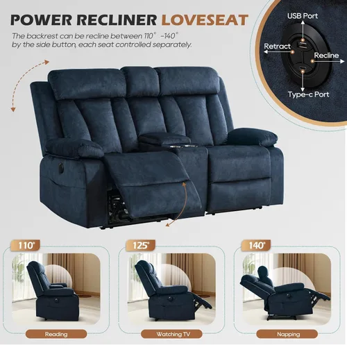 Miniatura 7 de Sofá biplaza reclinable eléctrico con consola, sofá reclinable eléctrico con calor y masaje, sofá biplaza reclinable de pared con puertos dobles