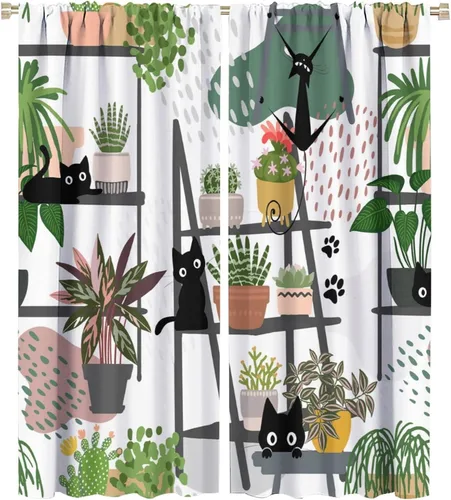 Miniatura 16 de Cortinas de estilo de mediados de siglo, diseño geométrico abstracto moderno, diseño retro, estampado de gato negro, para dormitorio, sala de estar