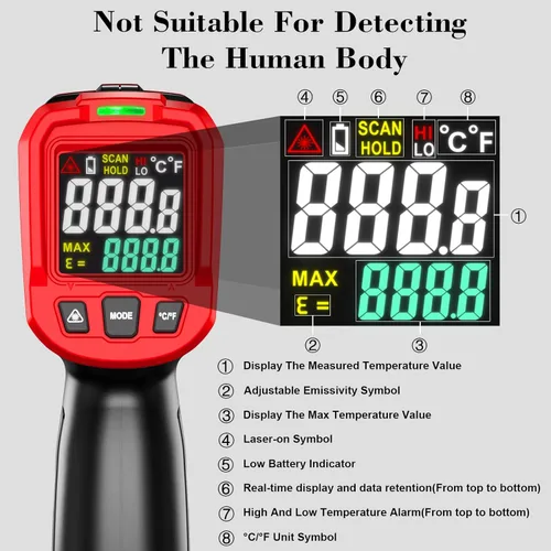 Miniatura 9 de FKM Pistola de Termómetro de Infrarrojos, Pistola de Termómetro Láser sin Contacto para Industrial, HVAC, Motor, Cocina, Termómetro de Temperatura
