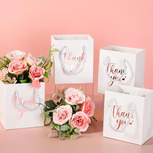 Miniatura 2 de Honoson 30 mini bolsas de regalo con asa de 4 x 2.75 x 4.5 pulgadas, pequeña bolsa de agradecimiento de papel de aluminio para boda, baby shower