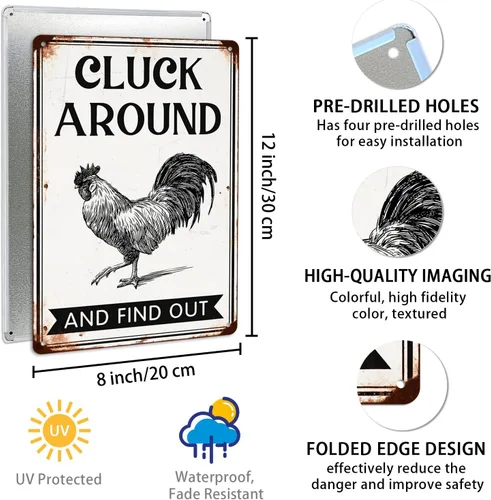 Miniatura 2 de Letrero de metal "Cluck Around and Find Out" para decoración de pared de gallinero en casa, cocina de granja, accesorios para gallinero, decoración