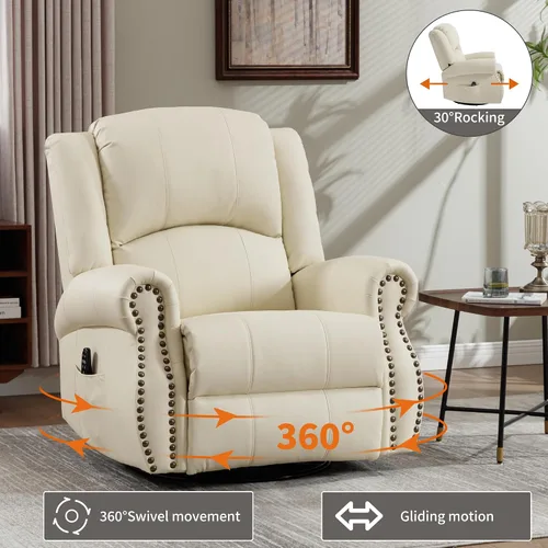 Miniatura 8 de PELUMY Silla reclinable giratoria de cuero transpirable para adultos, balancín giratorio de 360° con masaje térmico y vibratorio, silla de descanso